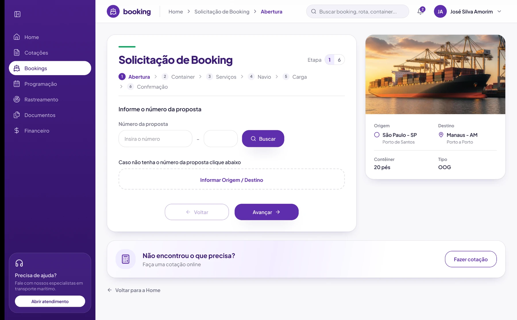 Solicitação de Booking em etapas