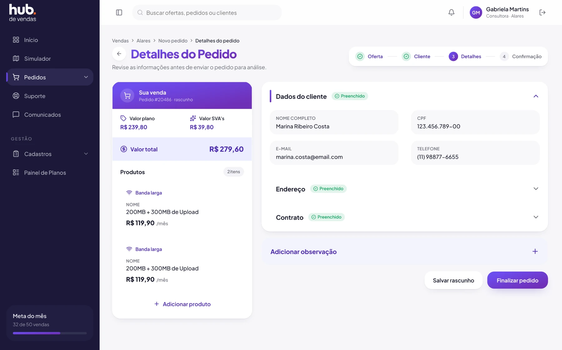 Detalhes do pedido no Hub de Vendas